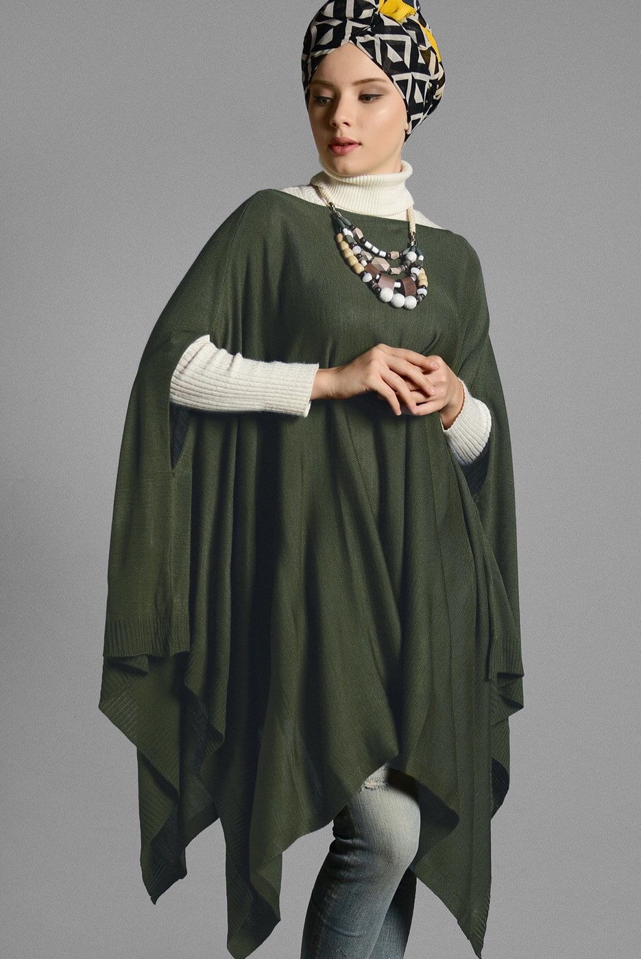 Tesettür giyim HAKİ ASİMETRİK TRİKO  PANÇO T 99101