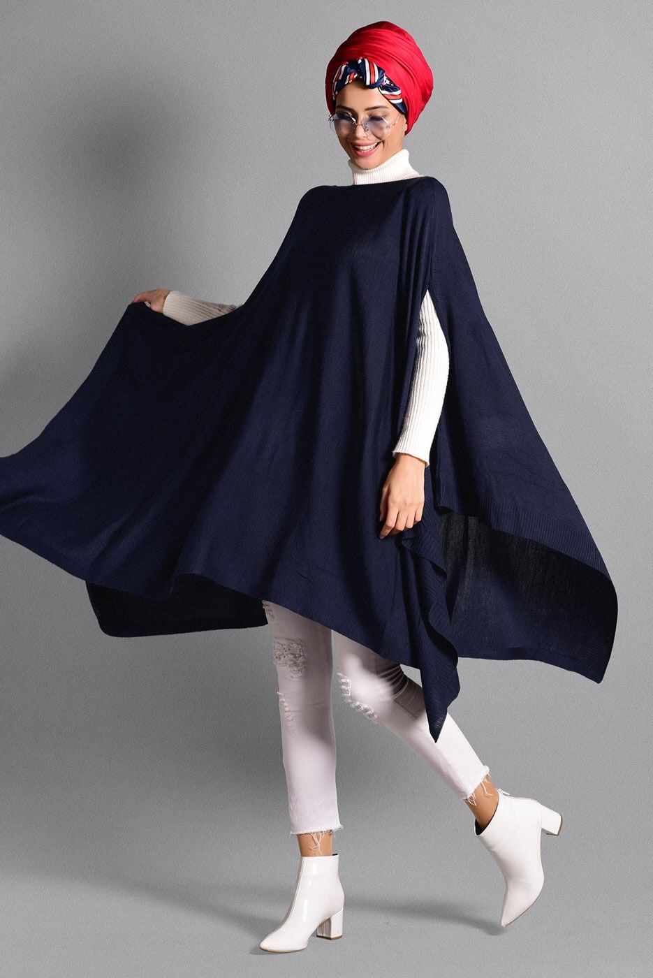 Tesettür giyim LACİVERT ASİMETRİK TRİKO  PANÇO T 99101