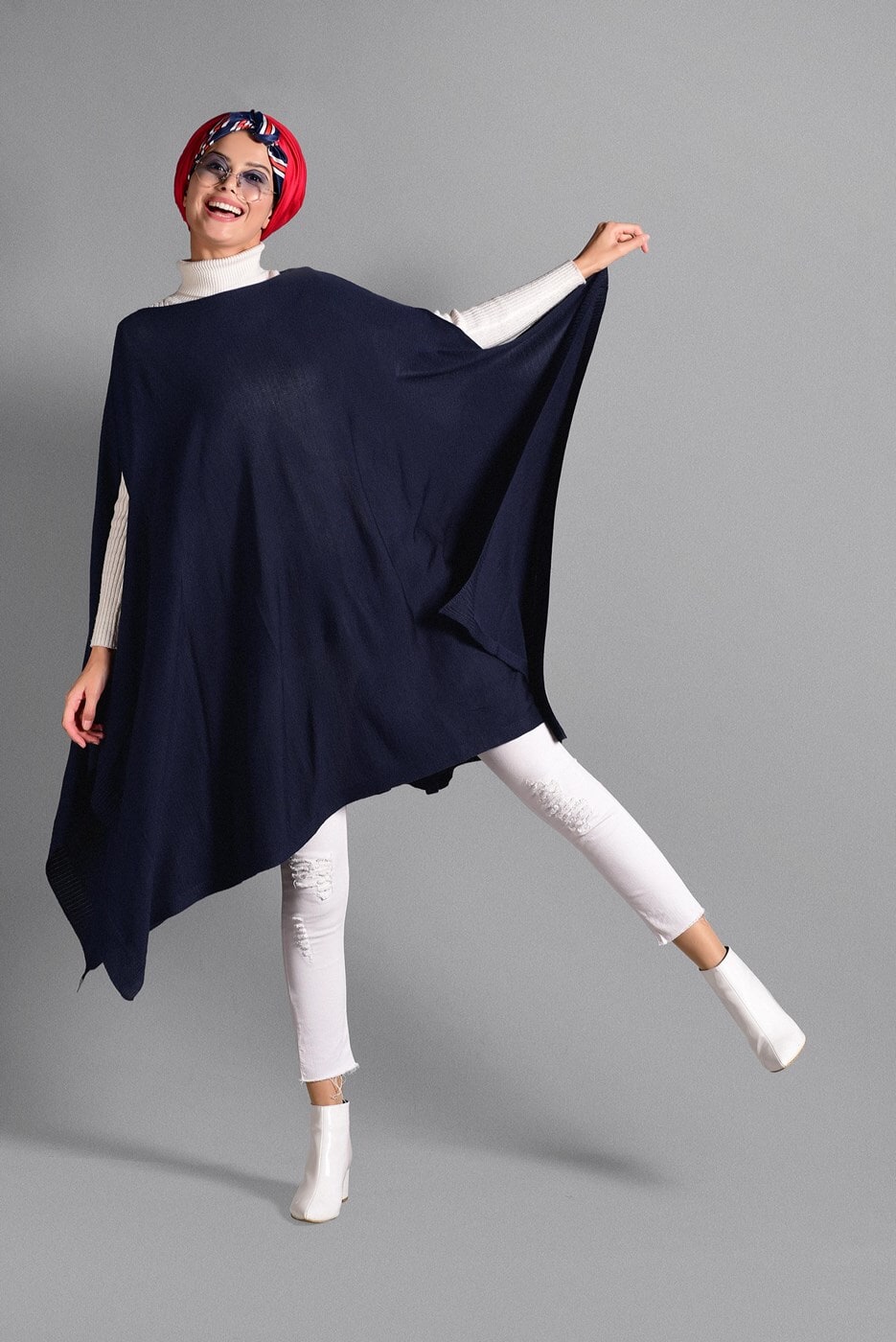 Tesettür giyim LACİVERT ASİMETRİK TRİKO  PANÇO T 99101