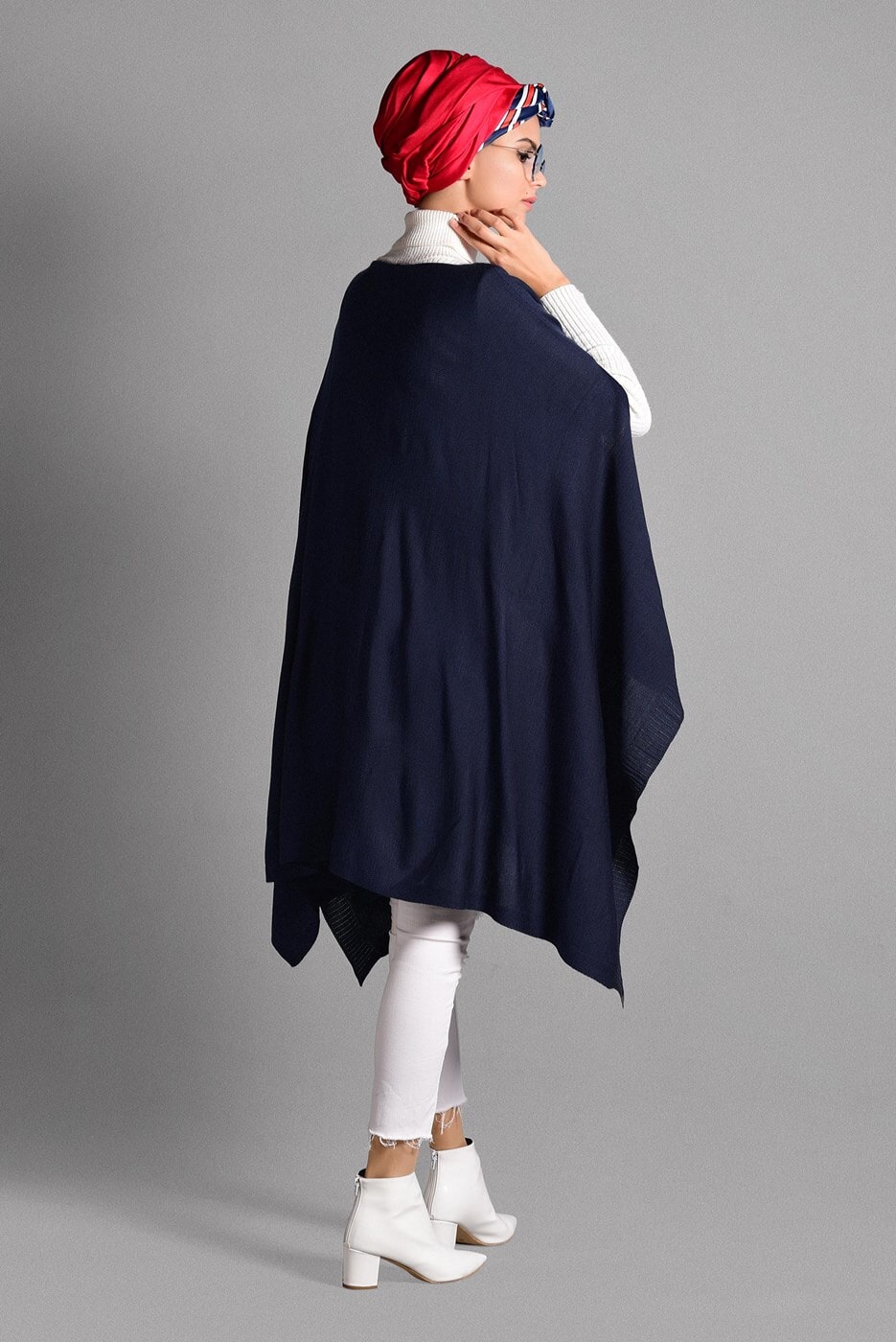 Tesettür giyim LACİVERT ASİMETRİK TRİKO  PANÇO T 99101