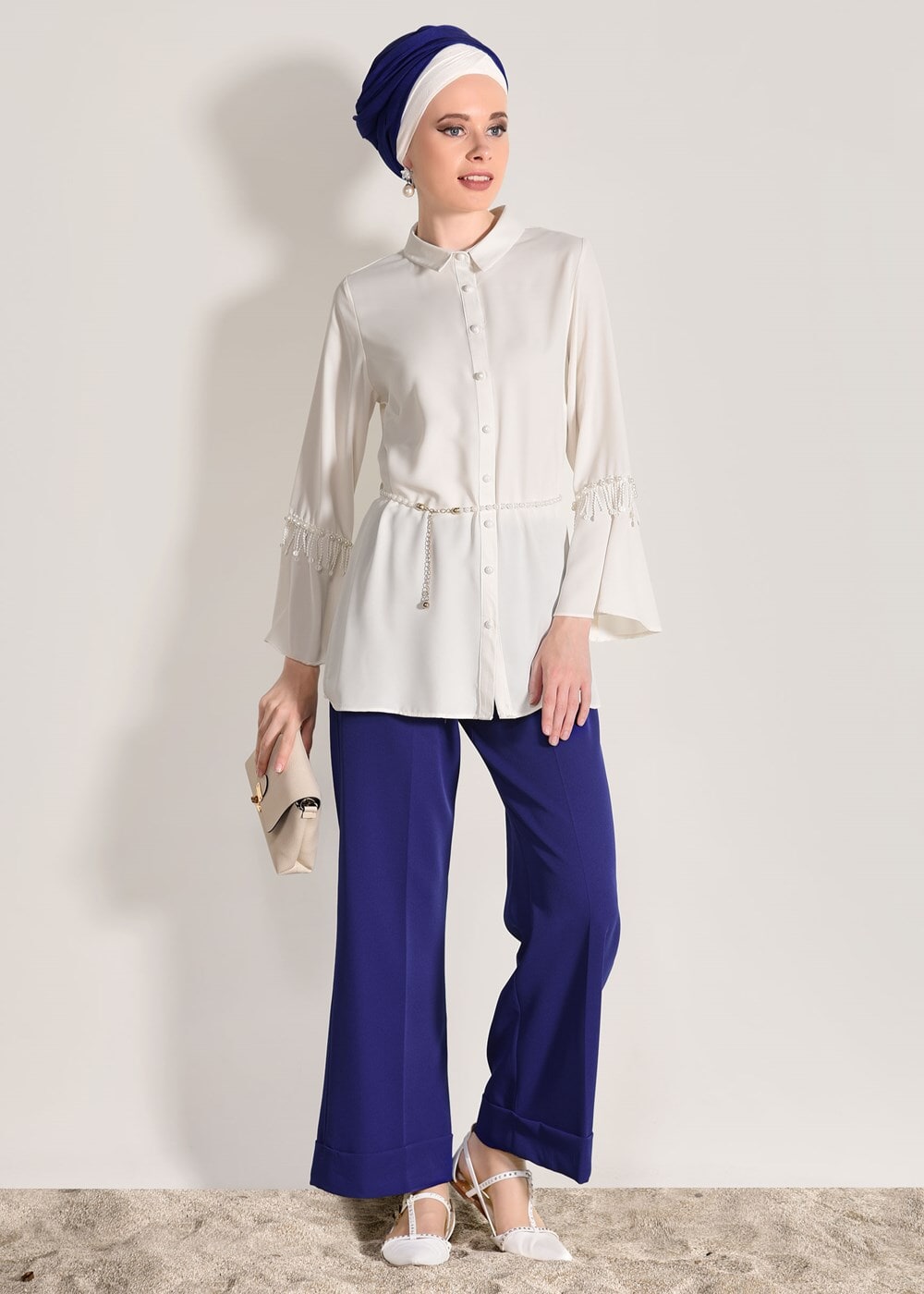 Tesettür giyim LACİVERT BEL KISMI LASTİKLİ BOL PAÇA PANTOLON 9954 