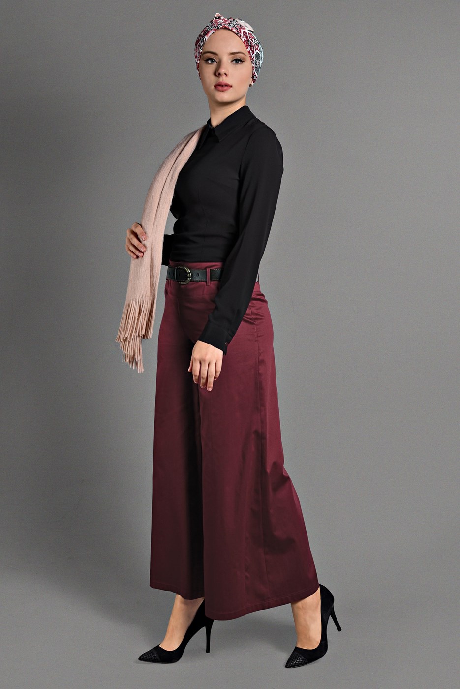 Tesettür giyim BORDO BOL PAÇA KEMERLİ PANTOLON 4605 