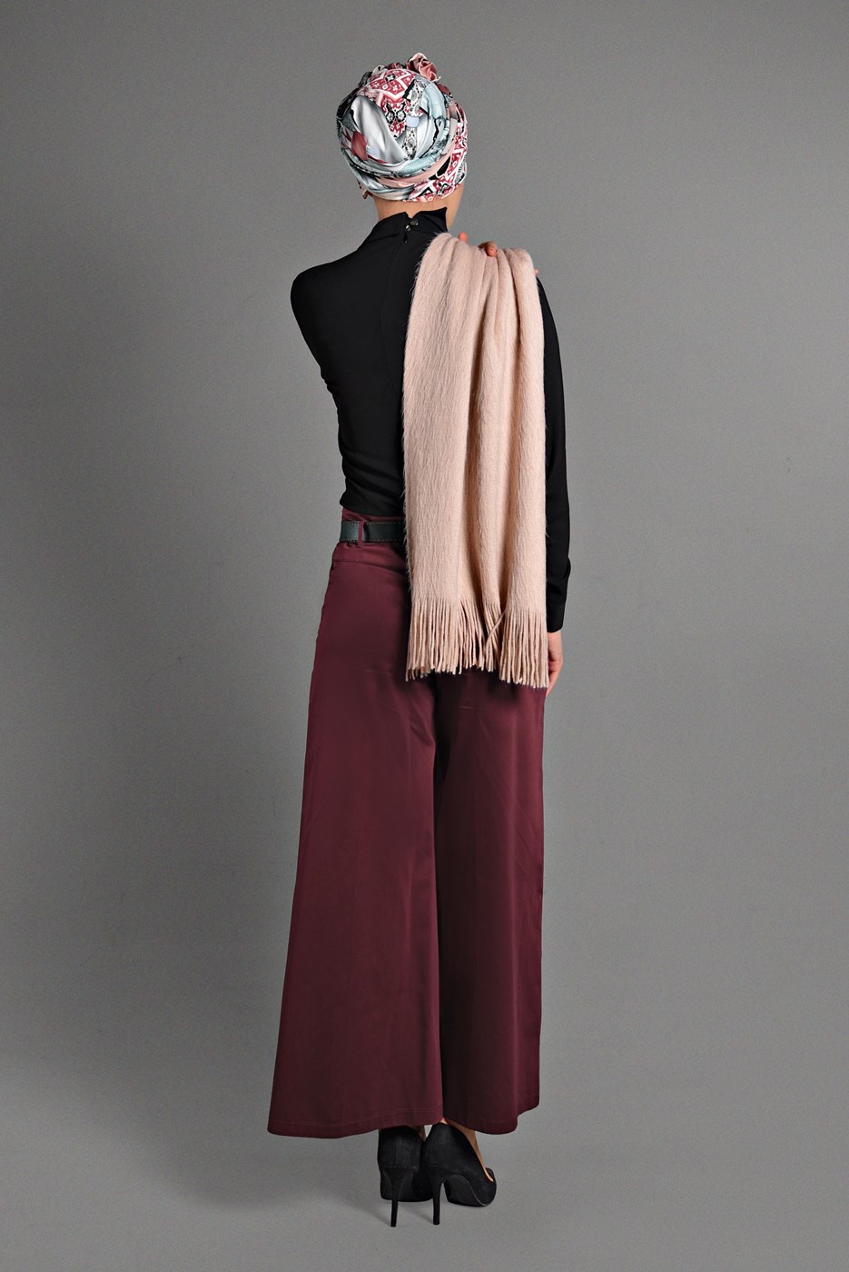 Tesettür giyim BORDO BOL PAÇA KEMERLİ PANTOLON 4605 