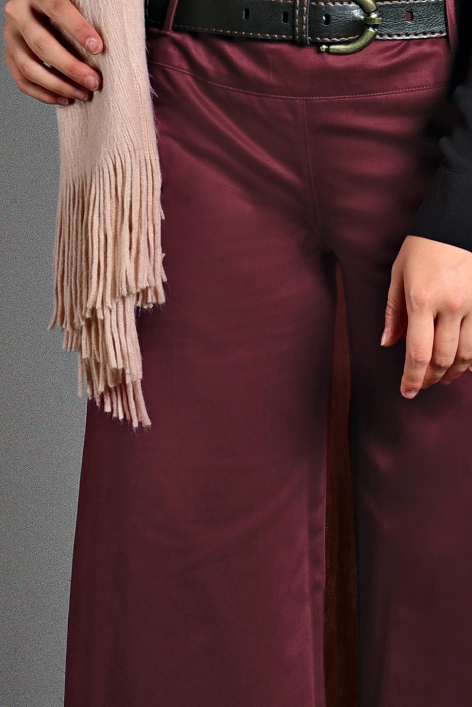 Tesettür giyim BORDO BOL PAÇA KEMERLİ PANTOLON 4605 