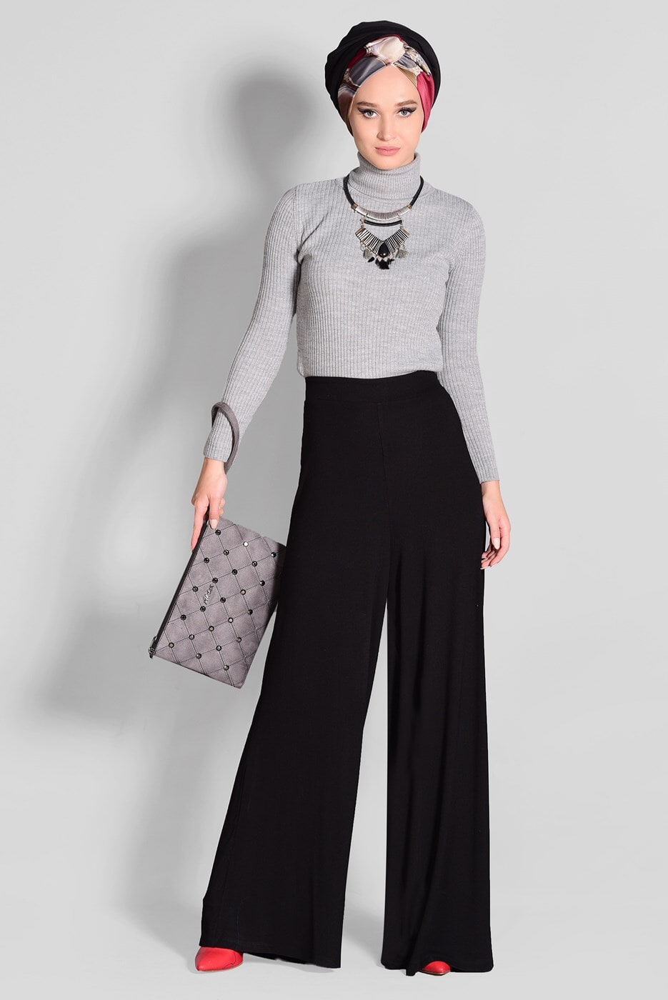 Tesettür giyim SİYAH BELİ LASTİKLİ SALAŞ PANTOLON 7217