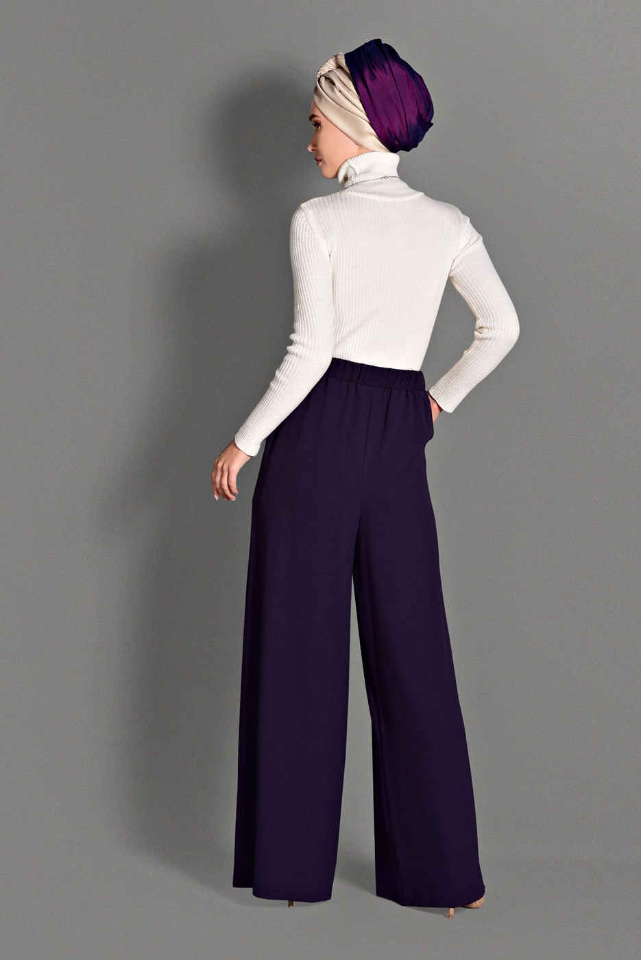 Tesettür giyim MOR BELİ BAĞCIKLI GENİŞ KESİM PANTOLON 7228 