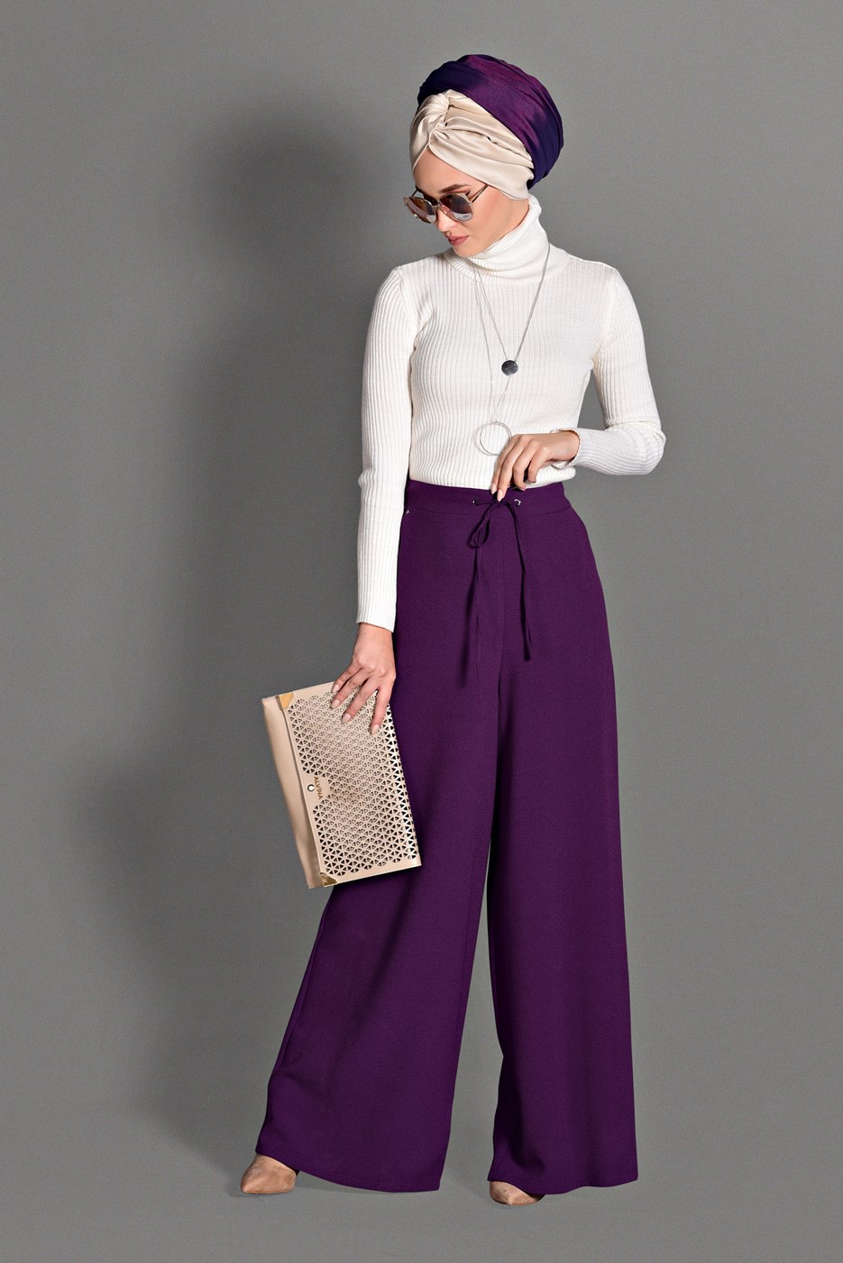 Tesettür giyim MOR BELİ BAĞCIKLI GENİŞ KESİM PANTOLON 7228 