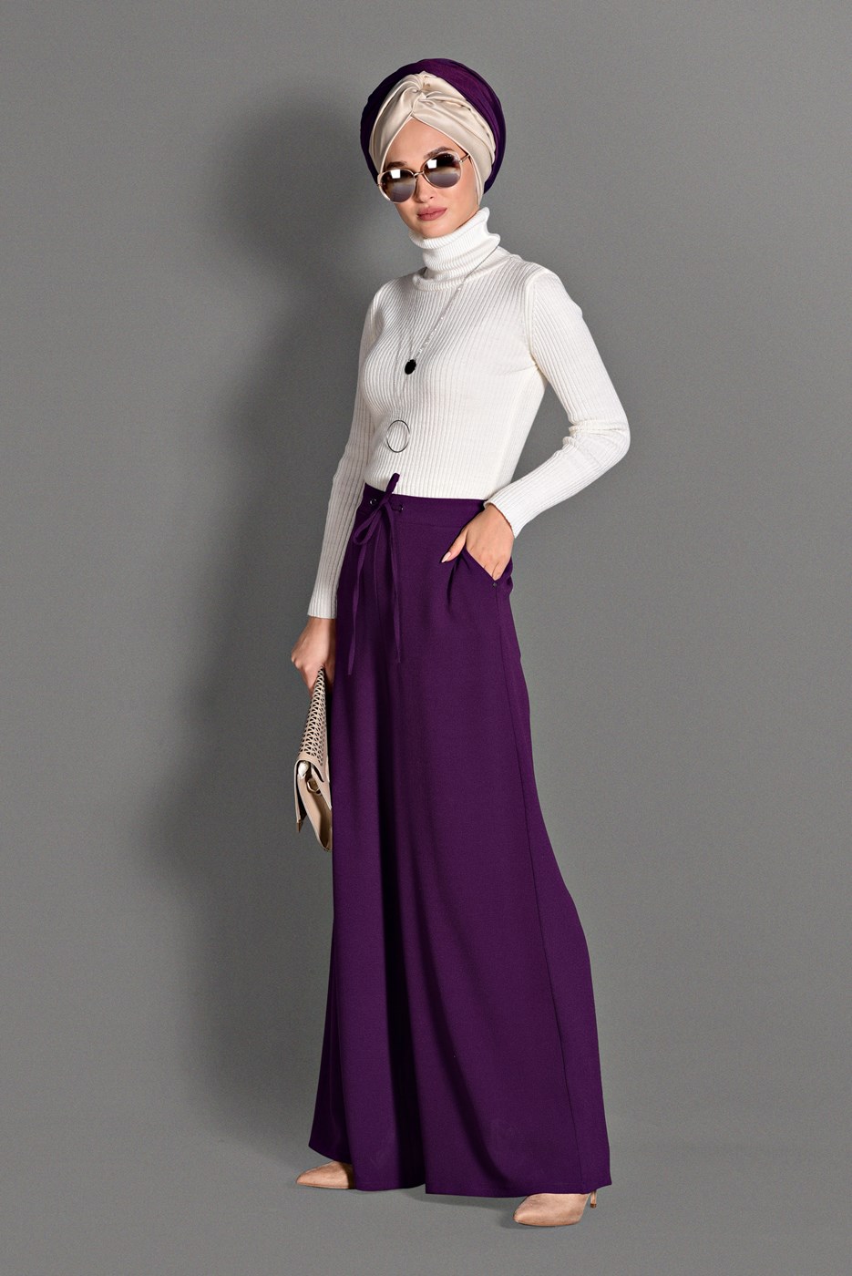 Tesettür giyim MOR BELİ BAĞCIKLI GENİŞ KESİM PANTOLON 7228 
