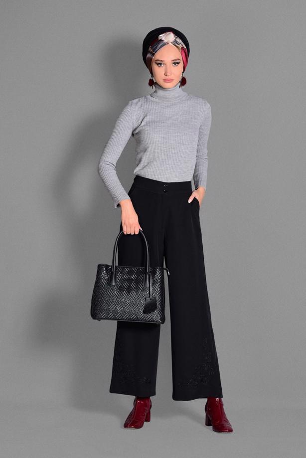 Tesettür giyim  BOL PAÇA NAKIŞ DETAYLI PANTOLON 7244  - TRENDTESETTÜR