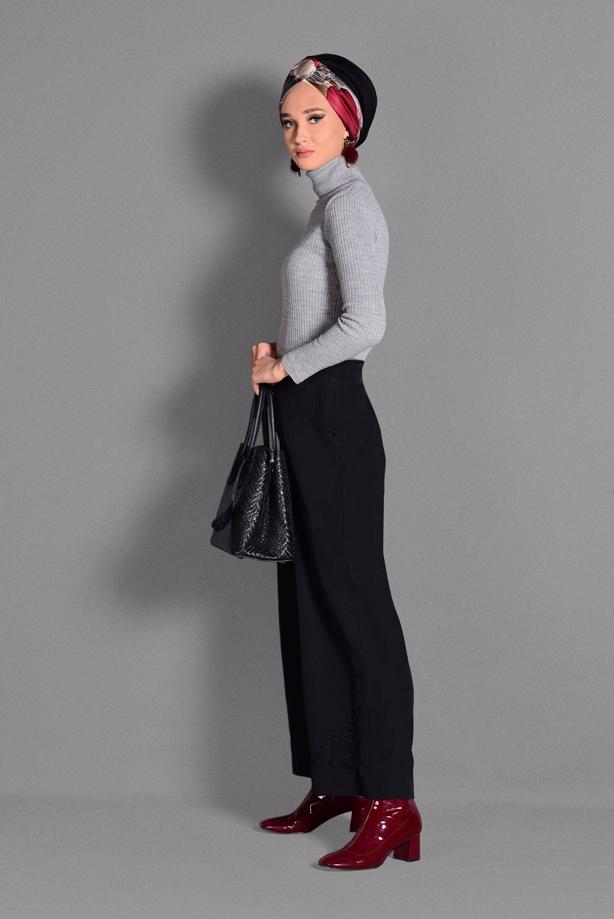 Tesettür giyim  BOL PAÇA NAKIŞ DETAYLI PANTOLON 7244  - TRENDTESETTÜR