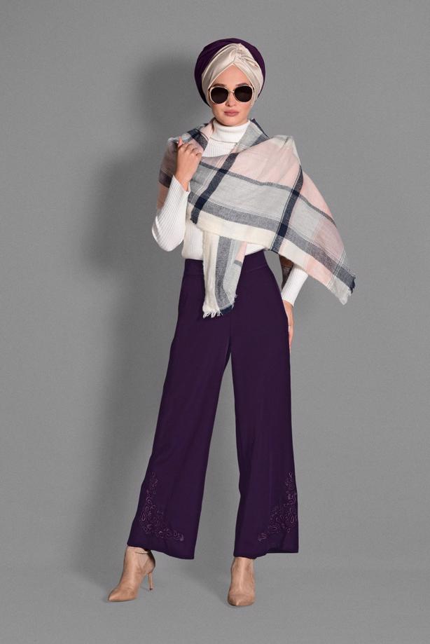 Tesettür giyim  BOL PAÇA NAKIŞ DETAYLI PANTOLON 7244  - TRENDTESETTÜR