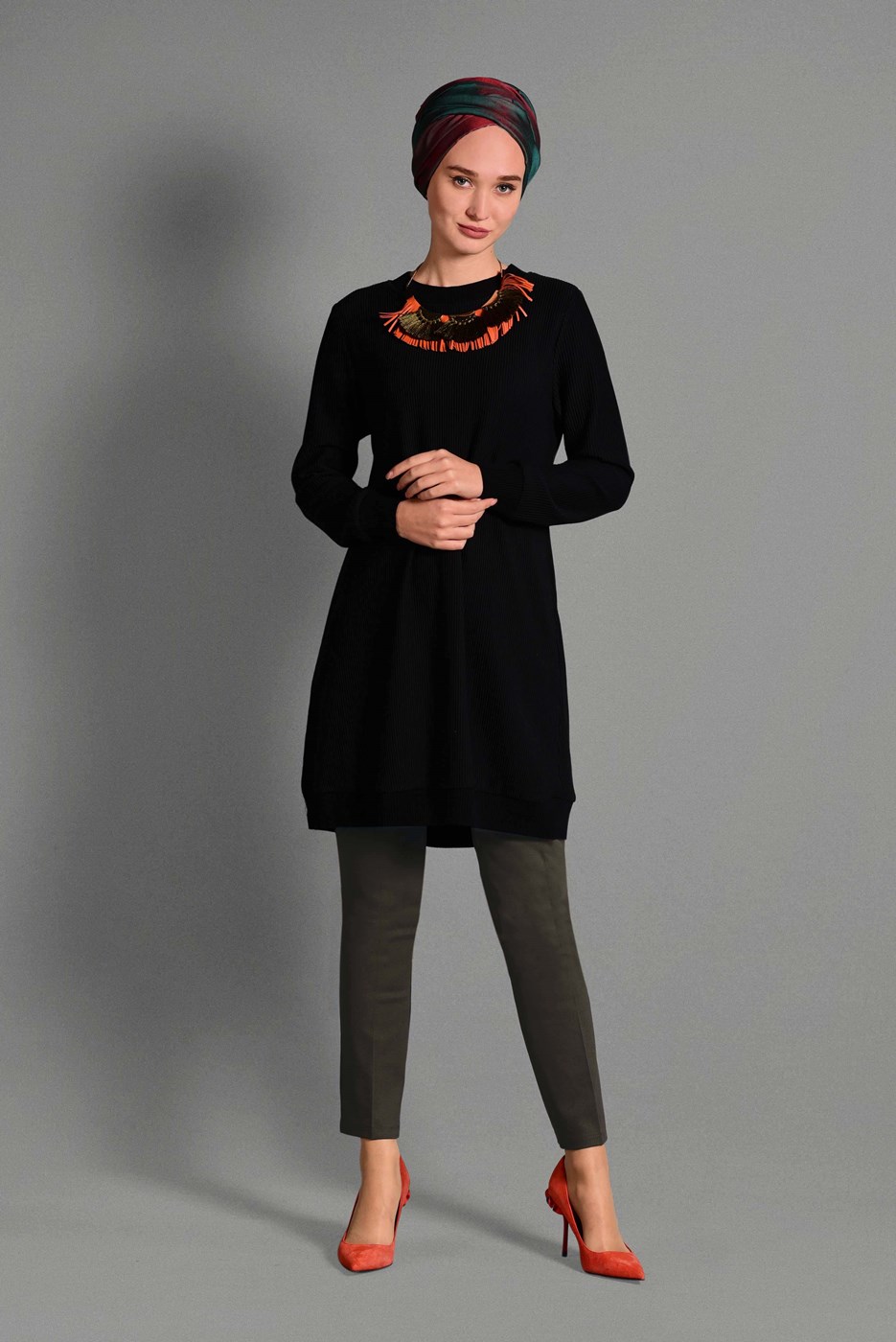 Tesettür giyim HAKİ CEPLİ ARA BEL PANTOLON 7254 