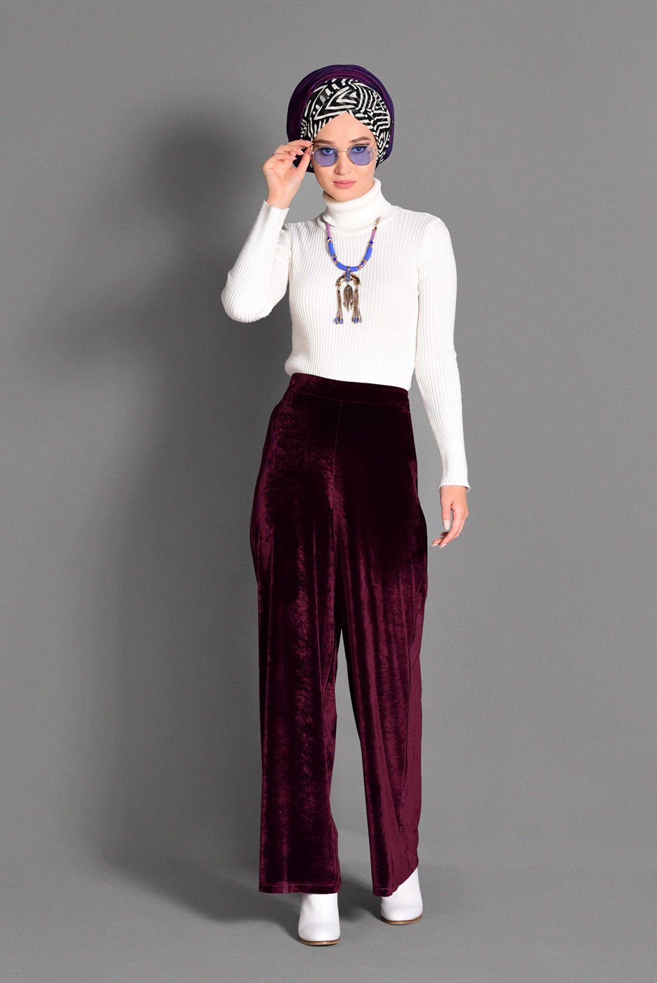 Tesettür giyim BORDO BOL KESİM KADİFE PANTOLON 7401 