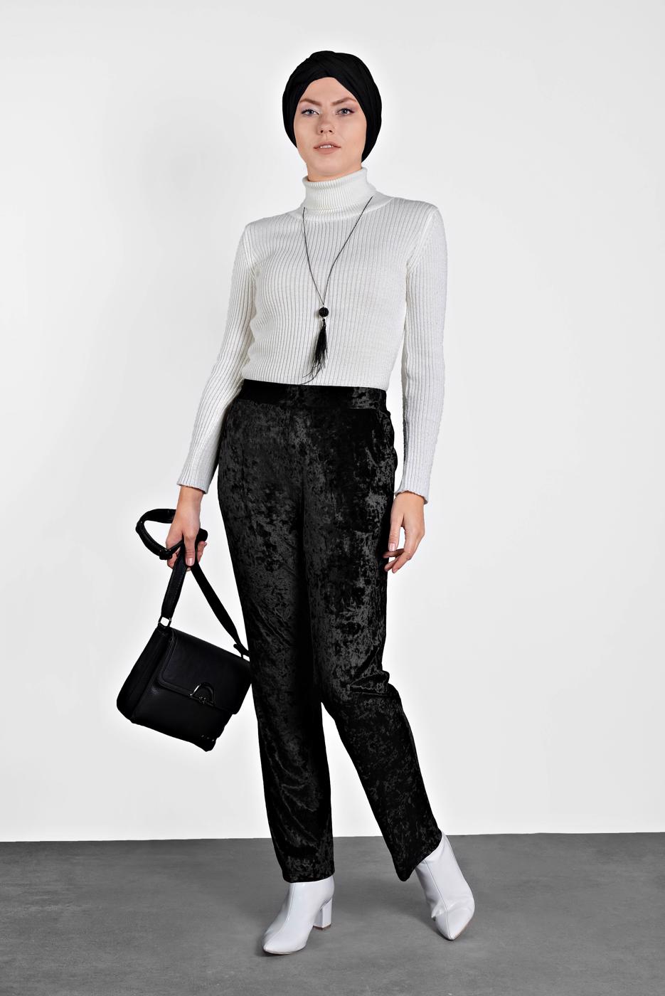 Tesettür giyim SİYAH ALVİNA CEPLİ KADİFE PANTOLON 7402 