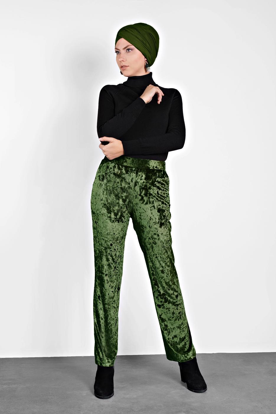 Tesettür giyim HAKİ ALVİNA CEPLİ KADİFE PANTOLON 7402 