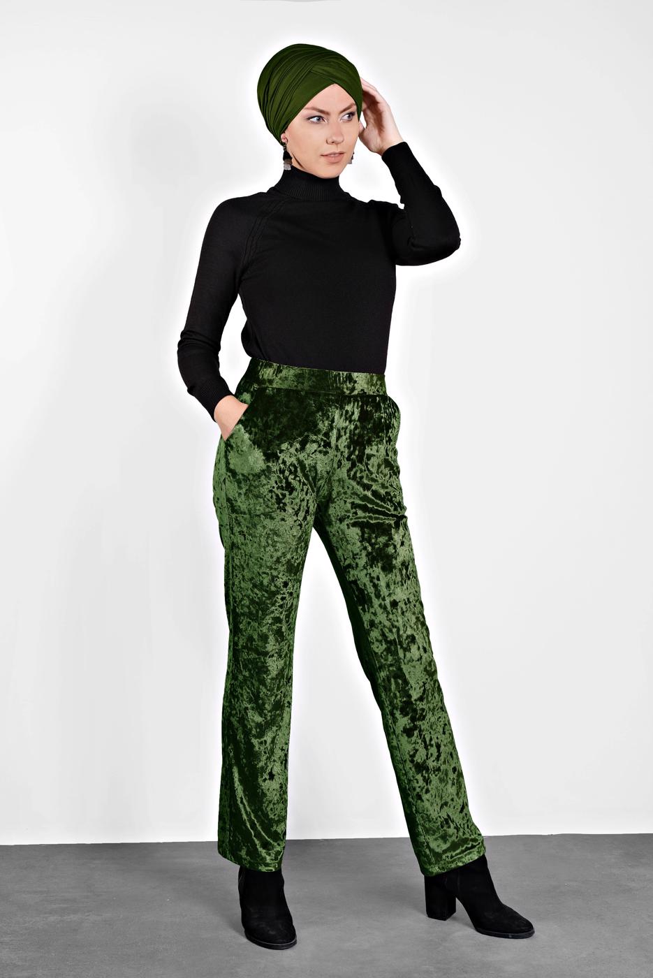 Tesettür giyim HAKİ ALVİNA CEPLİ KADİFE PANTOLON 7402 