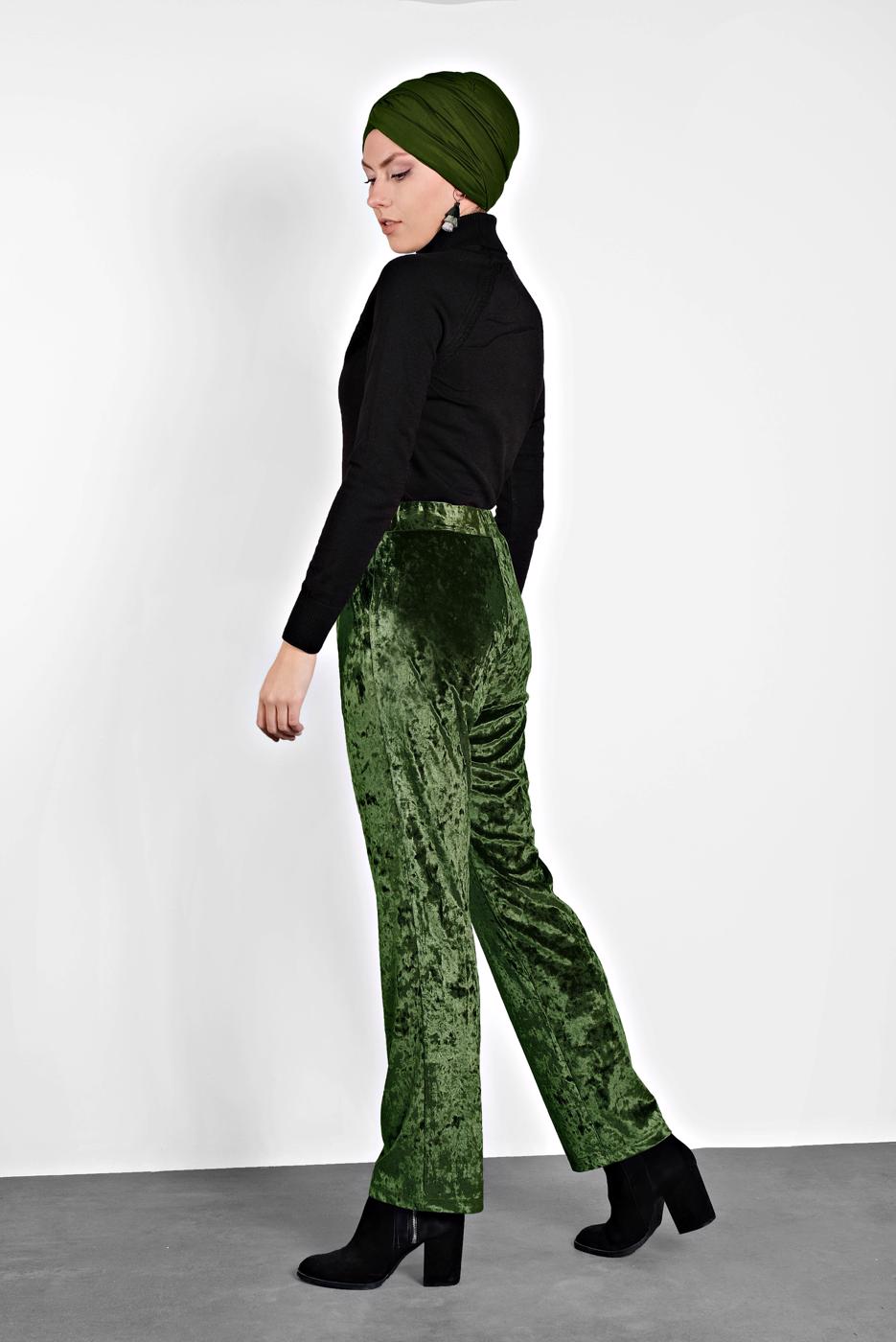 Tesettür giyim HAKİ ALVİNA CEPLİ KADİFE PANTOLON 7402 