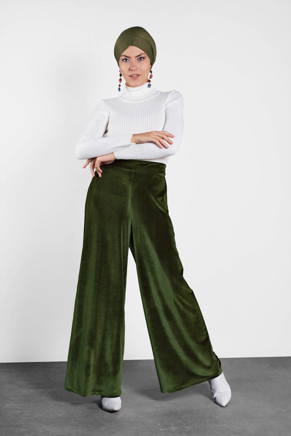 Tesettür giyim HAKİ ALVİNA BOL KESİM KADİFE PANTOLON 7404 