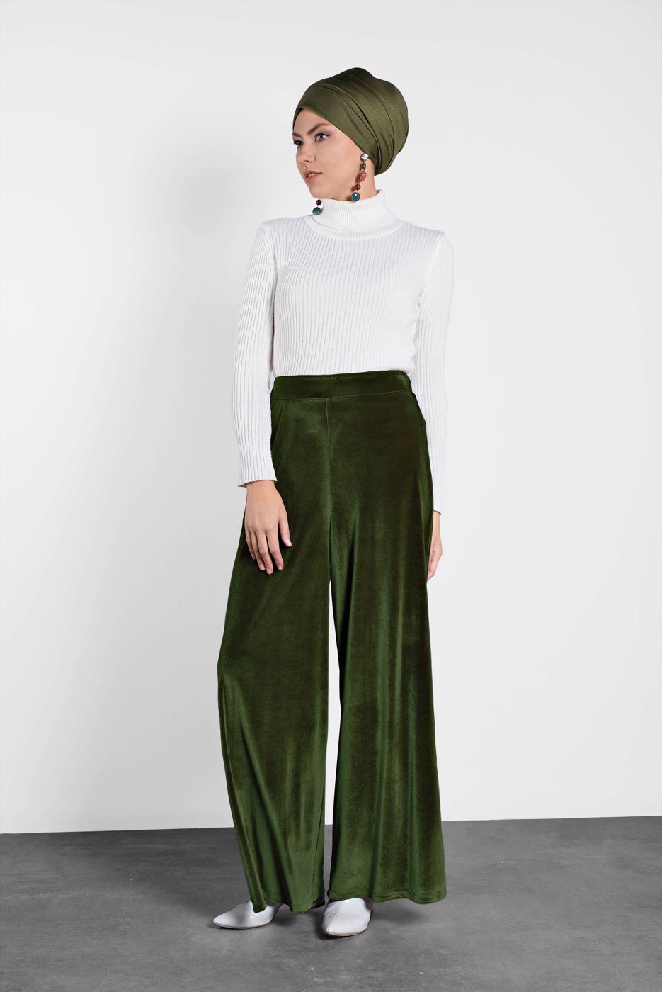 Tesettür giyim HAKİ ALVİNA BOL KESİM KADİFE PANTOLON 7404 