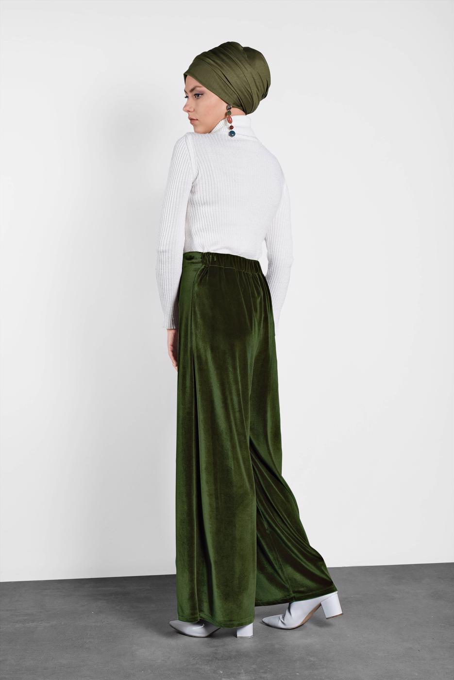 Tesettür giyim HAKİ ALVİNA BOL KESİM KADİFE PANTOLON 7404 