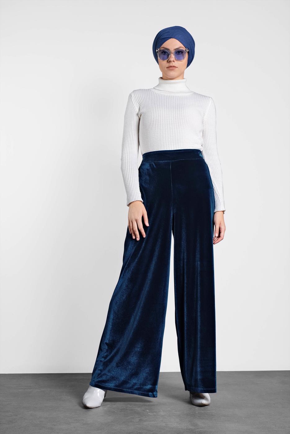 Tesettür giyim LACİVERT ALVİNA BOL KESİM KADİFE PANTOLON 7404 