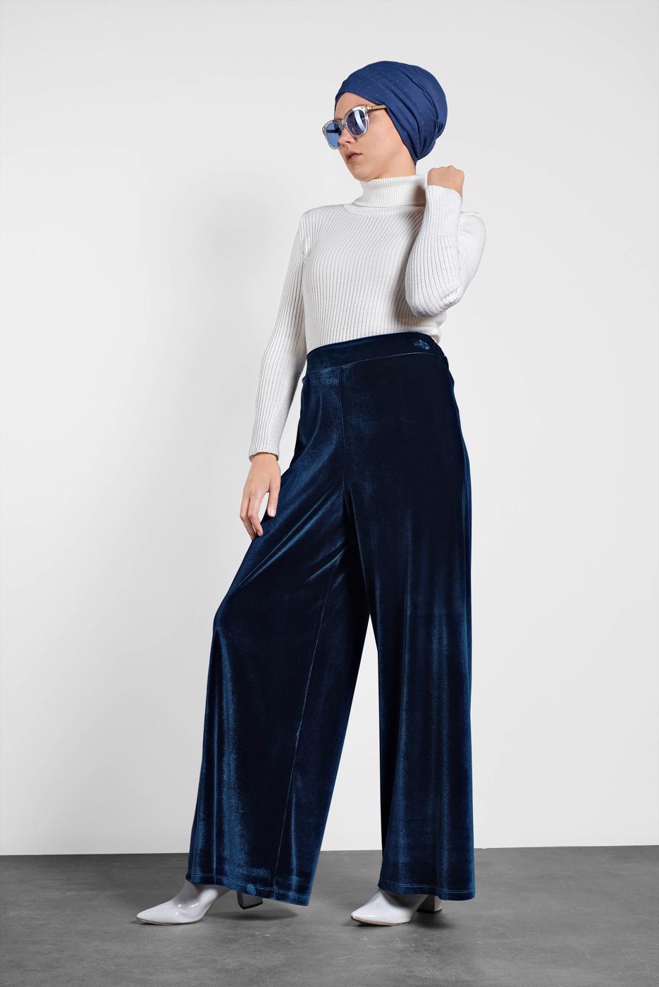 Tesettür giyim LACİVERT ALVİNA BOL KESİM KADİFE PANTOLON 7404 