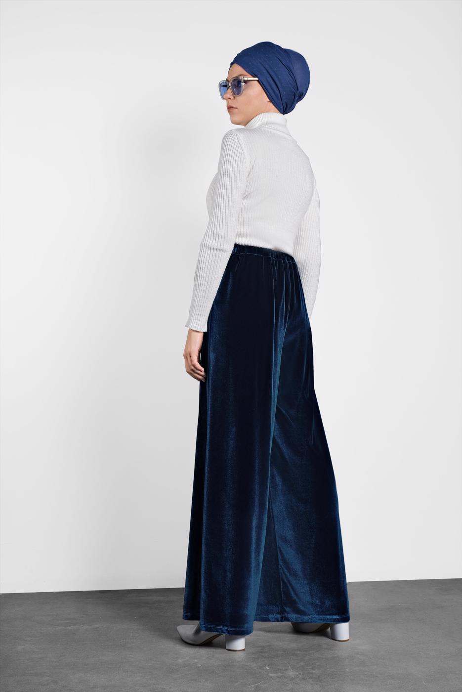Tesettür giyim LACİVERT ALVİNA BOL KESİM KADİFE PANTOLON 7404 