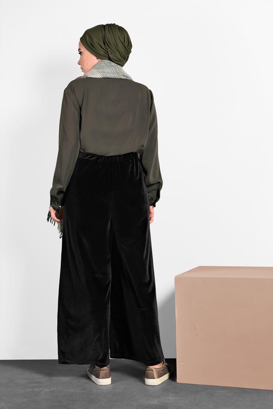 Vêtements hijab NOIR T 7405 Alvina Düz Kadife Pantolon