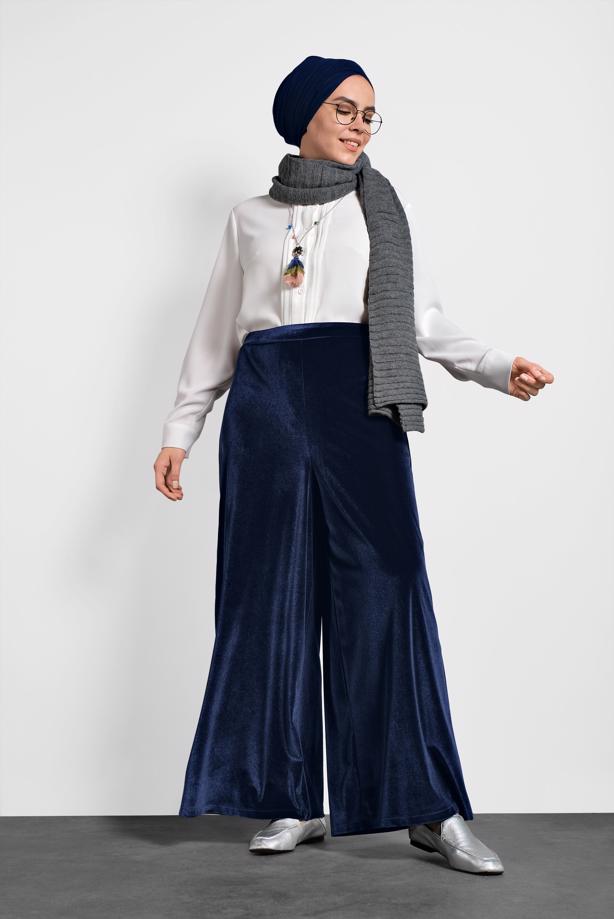 Vêtements hijab BLEU MARINE T 7405 Alvina Düz Kadife Pantolon - TRENDTESETTÜR