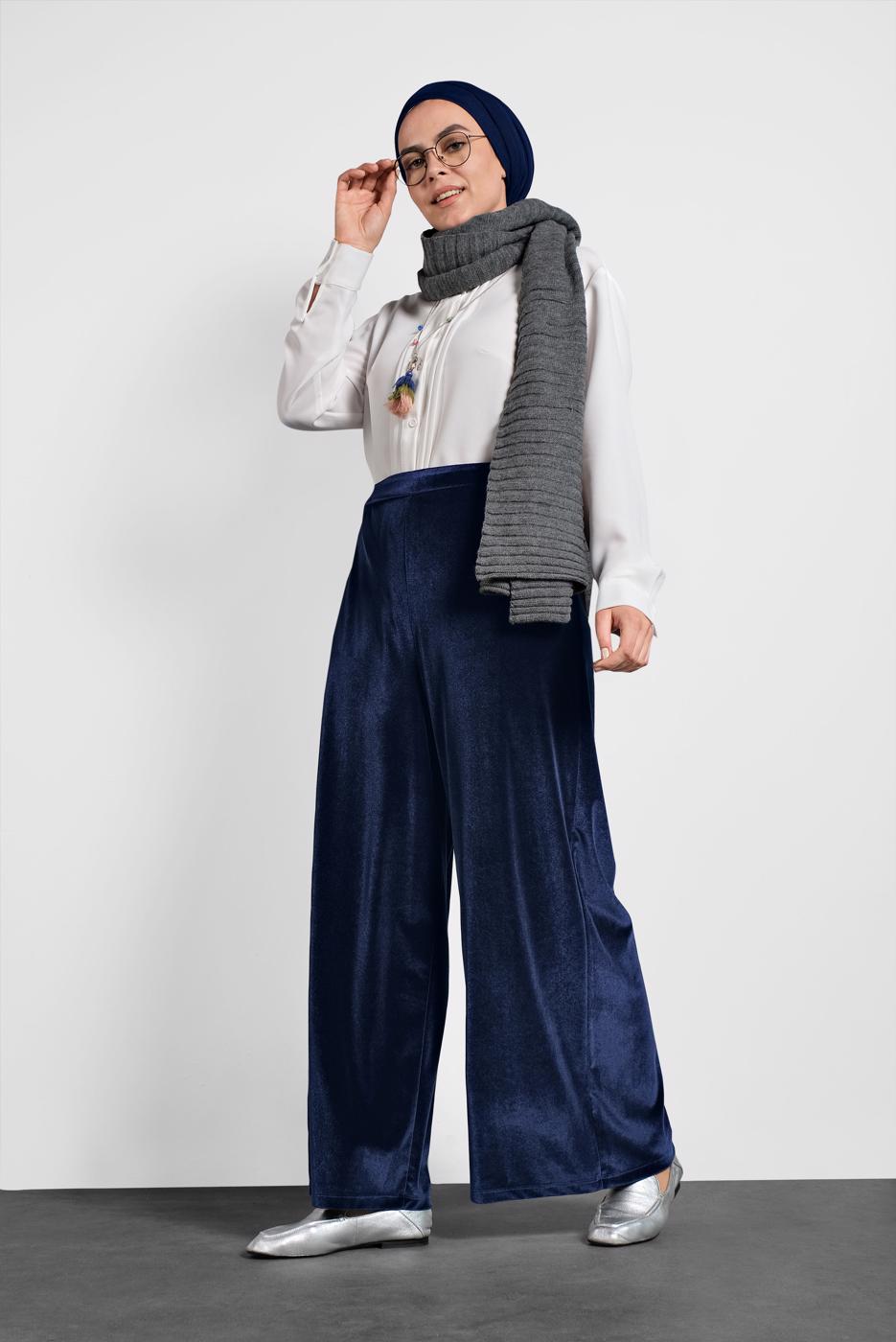 Vêtements hijab BLEU MARINE T 7405 Alvina Düz Kadife Pantolon