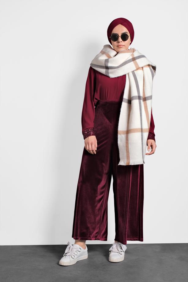 Vêtements hijab PRUNE T 7405 Alvina Düz Kadife Pantolon - TRENDTESETTÜR