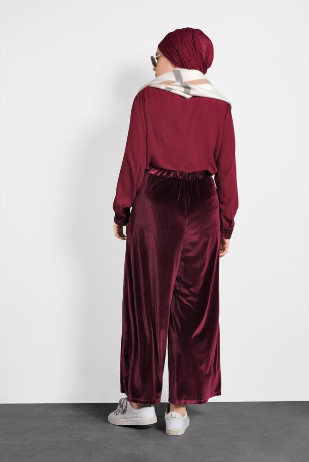 Vêtements hijab PRUNE T 7405 Alvina Düz Kadife Pantolon - TRENDTESETTÜR