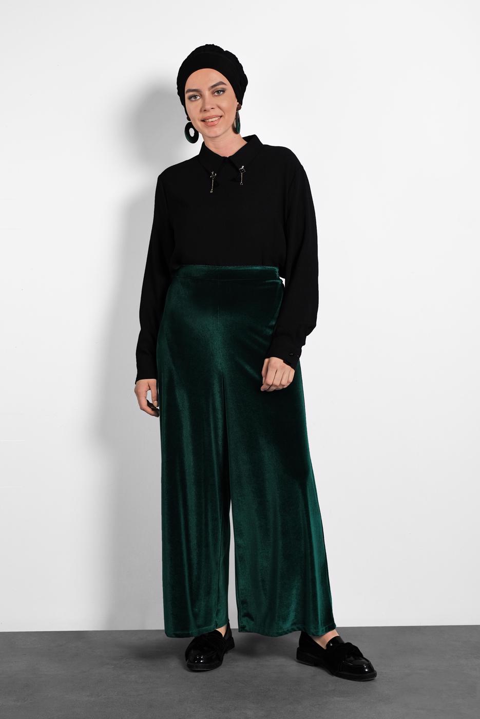 Hijab clothing GREEN T 7405 Alvina Düz Kadife Pantolon