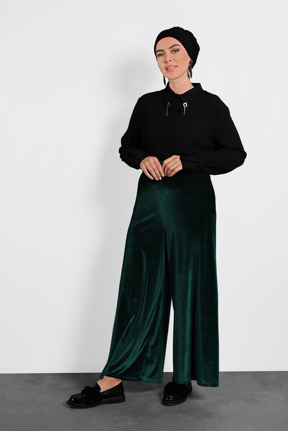 Hijab clothing GREEN T 7405 Alvina Düz Kadife Pantolon