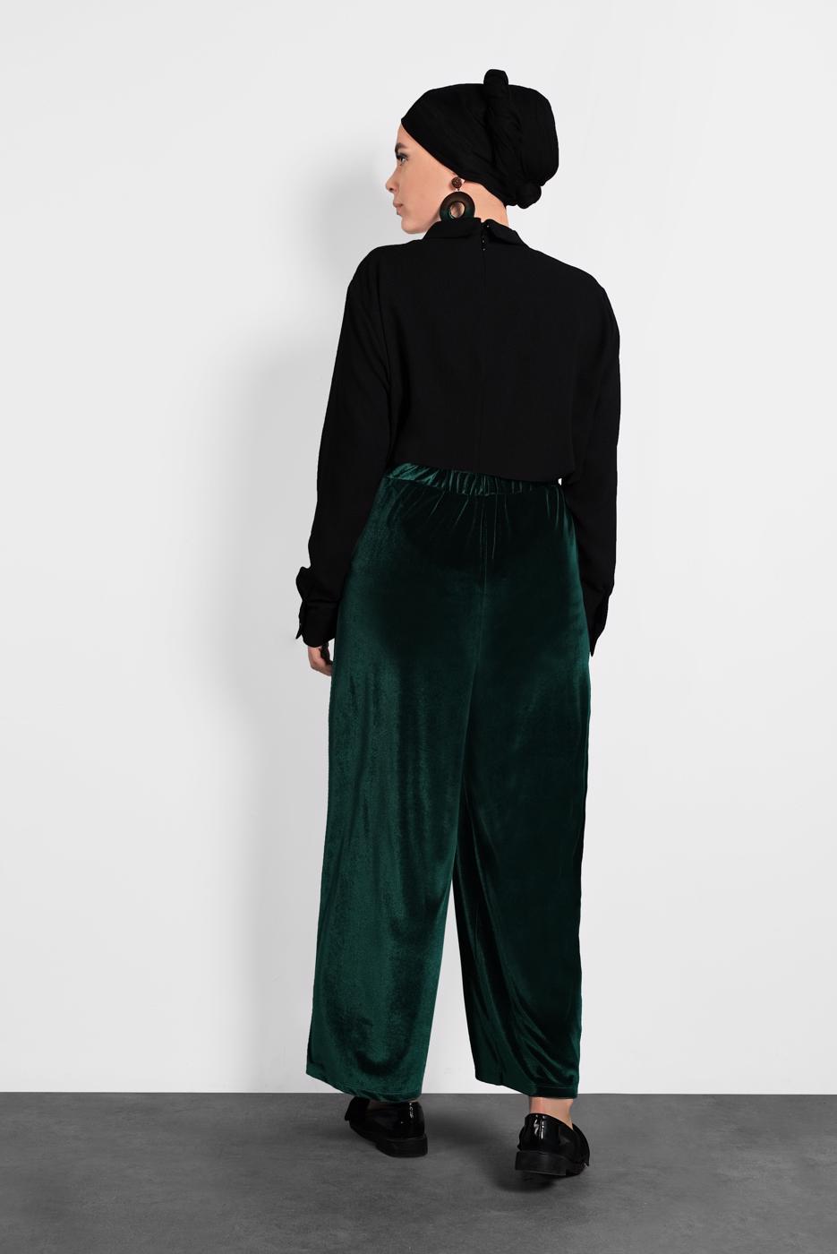 Hijab clothing GREEN T 7405 Alvina Düz Kadife Pantolon