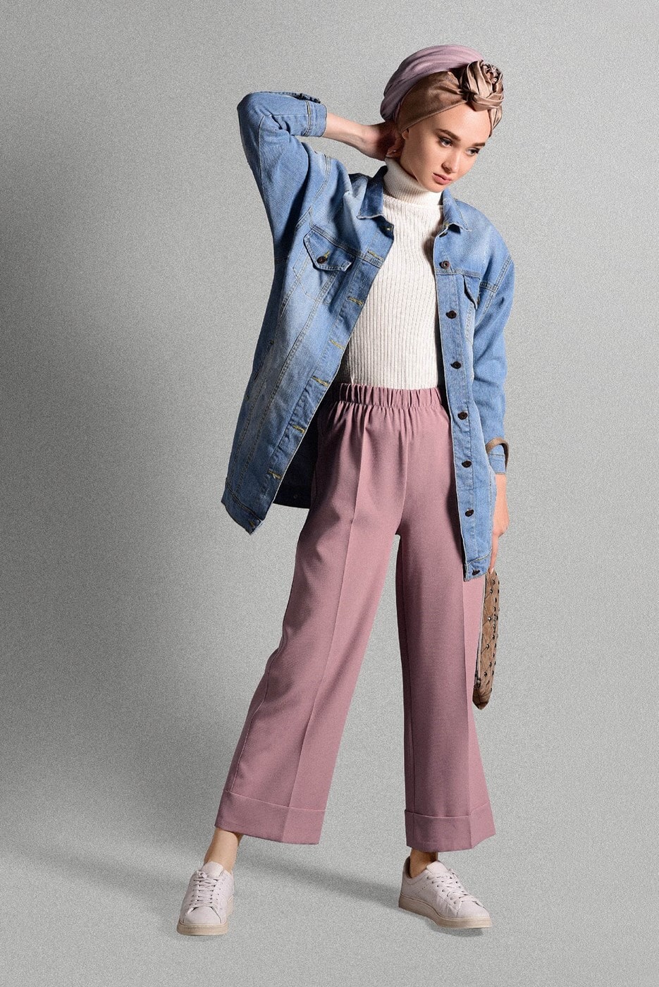 Tesettür giyim PUDRA BELİ LASTİKLİ LİKRALI PANTOLON 8542 