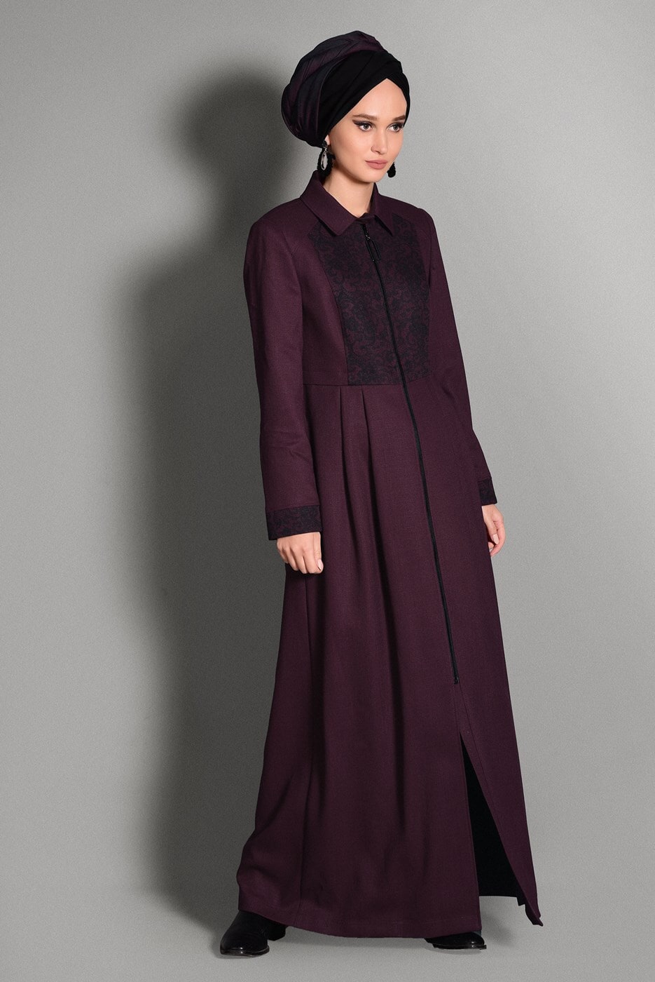 Tesettür giyim BORDO DANTEL DETAYLI PARDESÜ 1137 