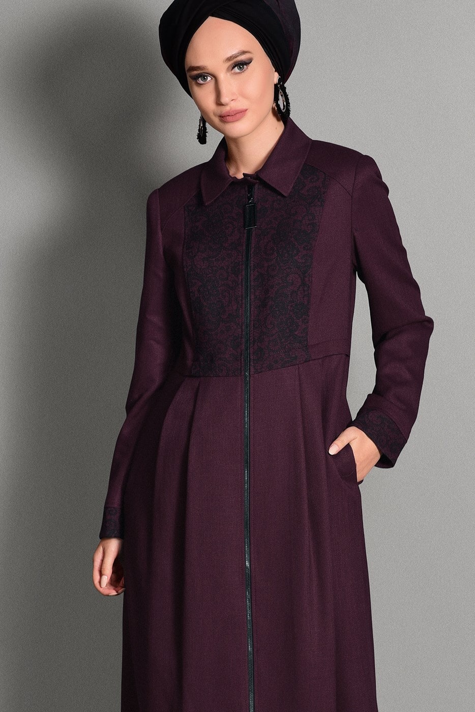 Tesettür giyim BORDO DANTEL DETAYLI PARDESÜ 1137 