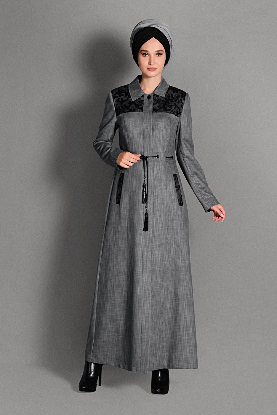 Tesettür giyim GRİ BELİ BAĞCIKLI PARDESÜ 1144