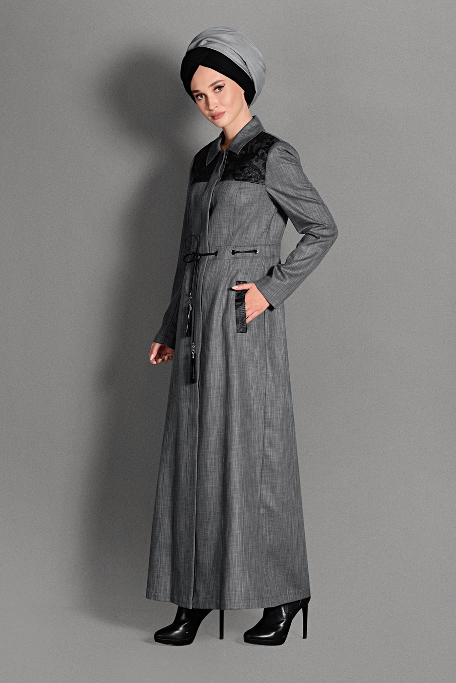 Tesettür giyim GRİ BELİ BAĞCIKLI PARDESÜ 1144