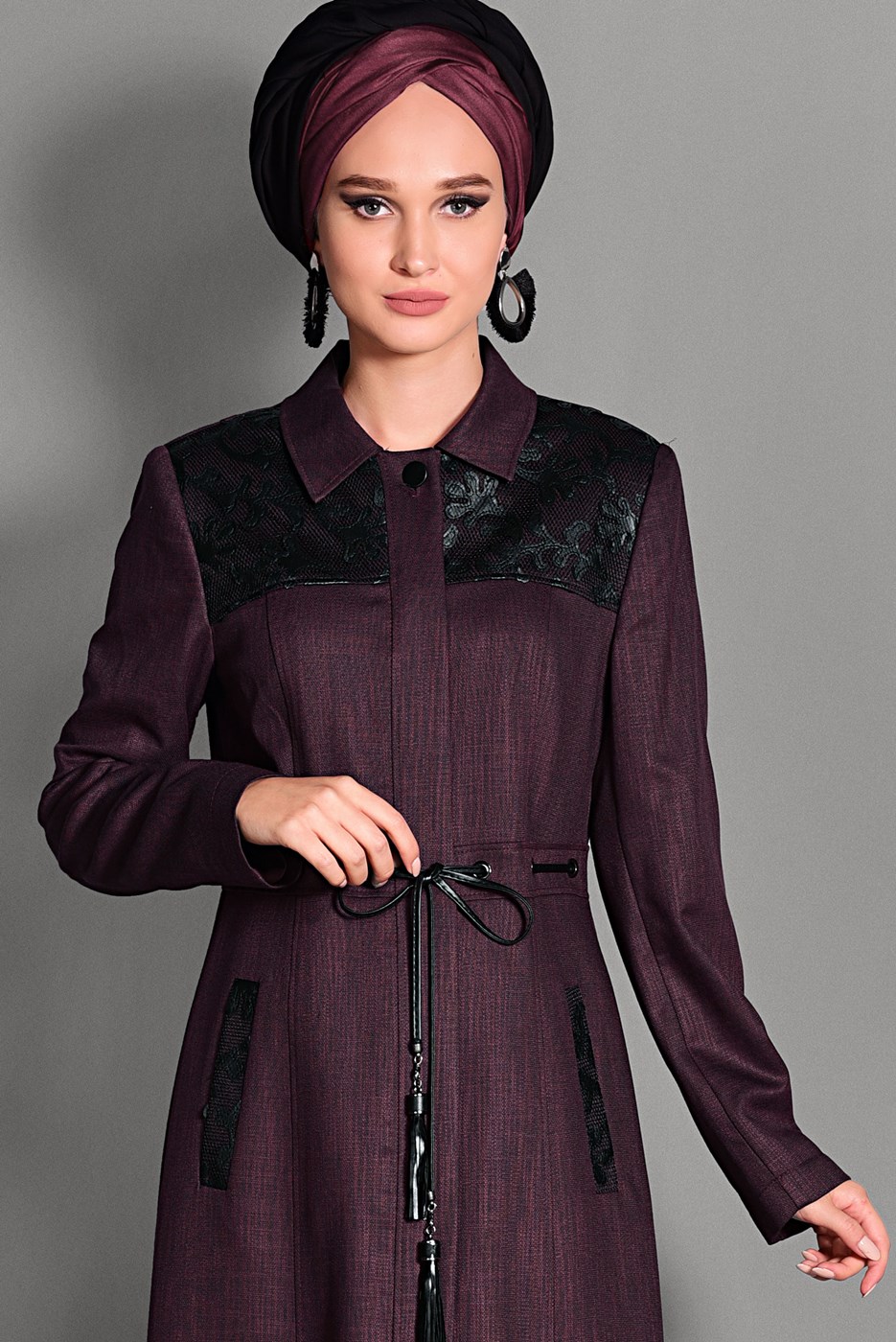 Tesettür giyim BORDO BELİ BAĞCIKLI PARDESÜ 1144