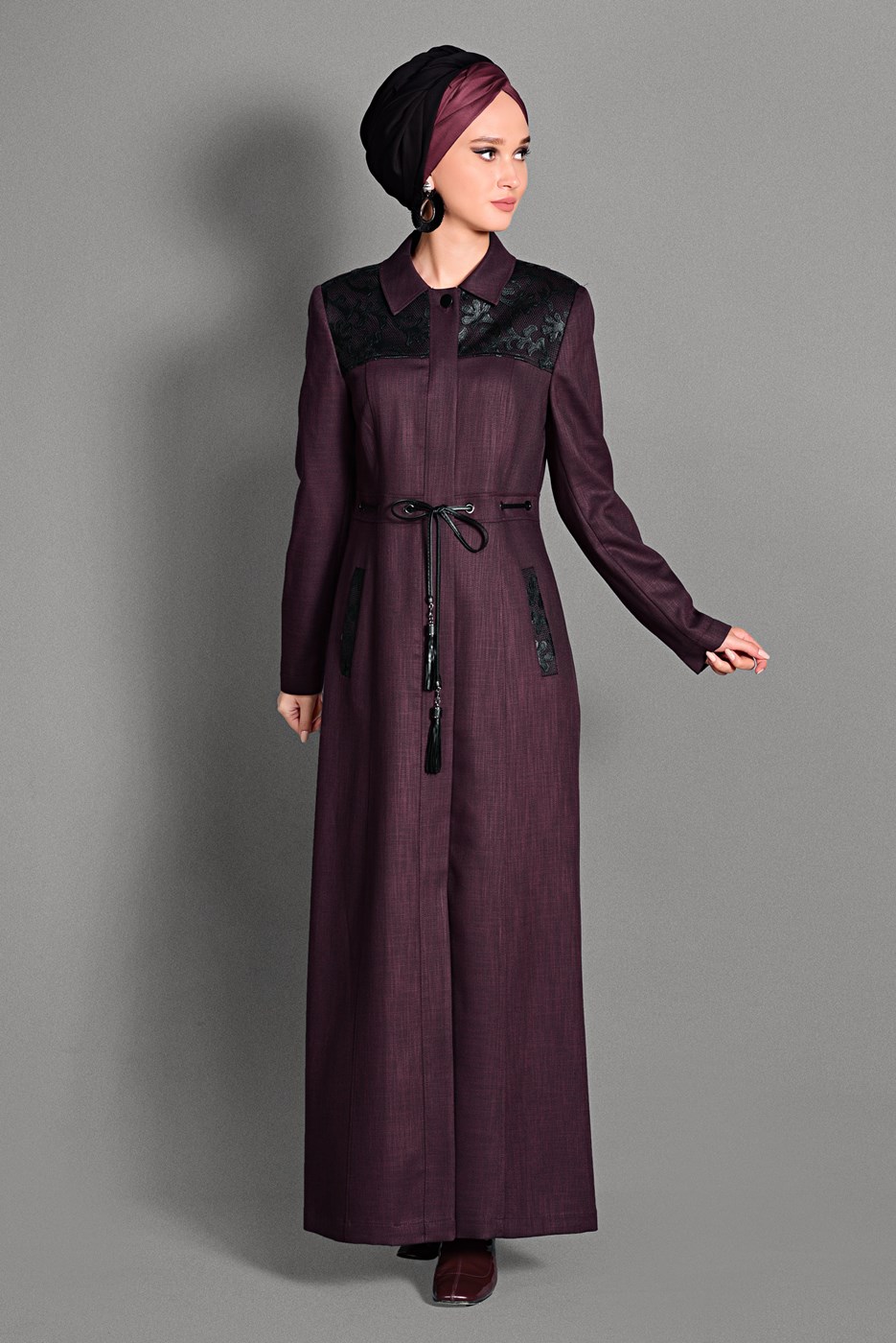Tesettür giyim BORDO BELİ BAĞCIKLI PARDESÜ 1144