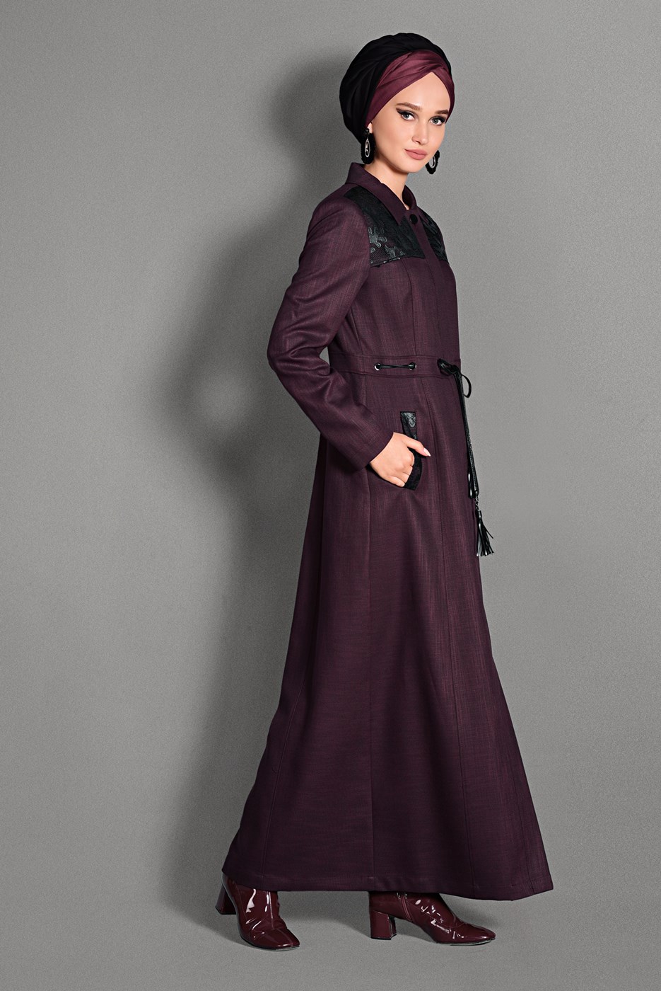 Tesettür giyim BORDO BELİ BAĞCIKLI PARDESÜ 1144