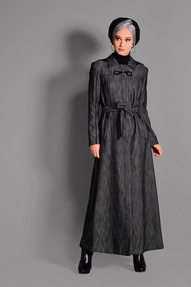 Hijab clothing BLACK HOOKED OVERCOAT 1146  - TRENDTESETTÜR