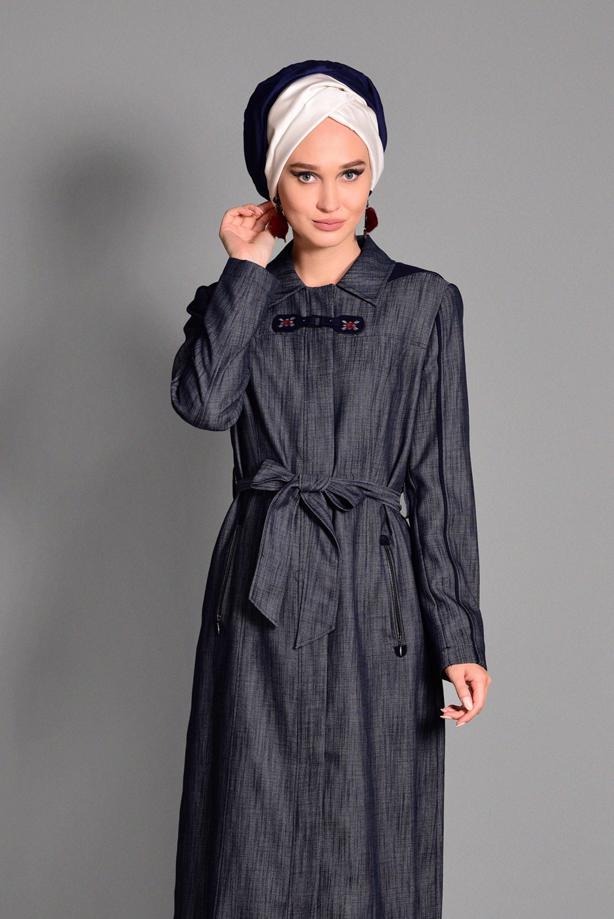 Hijab clothing NAVY BLUE HOOKED OVERCOAT 1146  - TRENDTESETTÜR