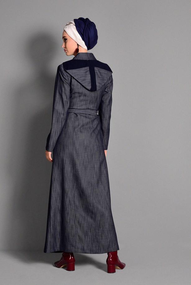 Hijab clothing NAVY BLUE HOOKED OVERCOAT 1146  - TRENDTESETTÜR