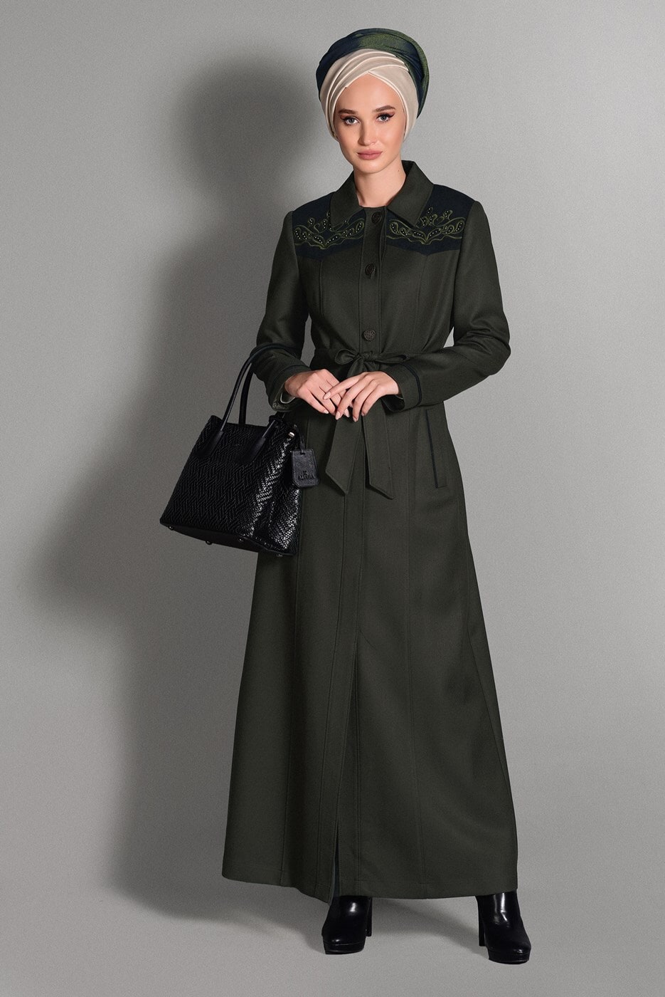 Vêtements hijab KAKI PARDESSUS À BRODÉ 1153 