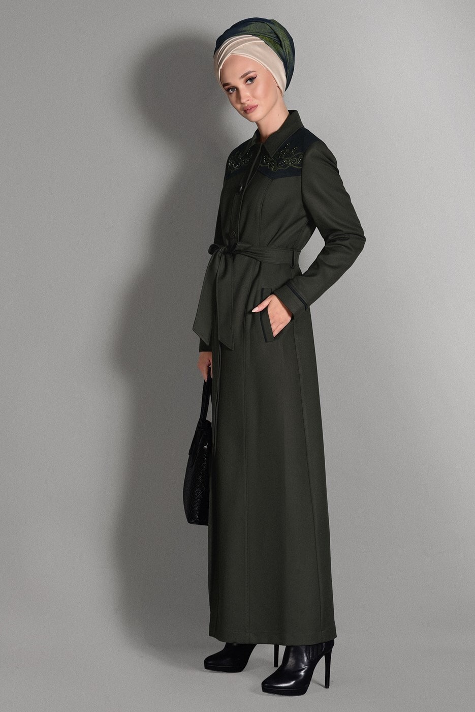 Vêtements hijab KAKI PARDESSUS À BRODÉ 1153 