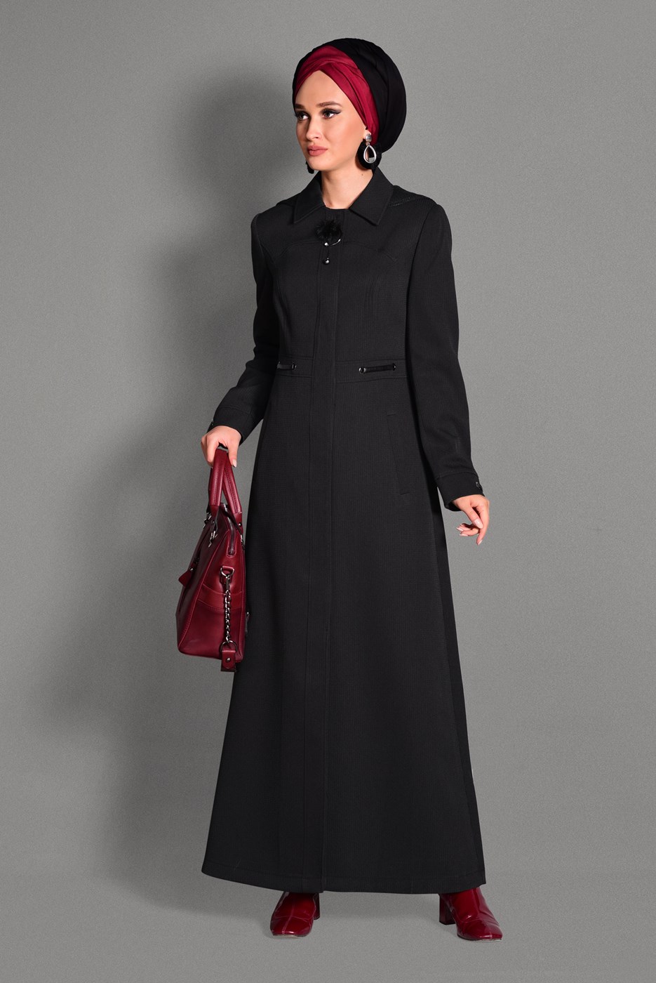 Hijab clothing BLACK HIDDEN BUTTONED TOPCOAT WITH POCKETS  1154 