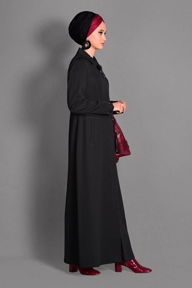 Hijab clothing BLACK HIDDEN BUTTONED TOPCOAT WITH POCKETS  1154  - TRENDTESETTÜR
